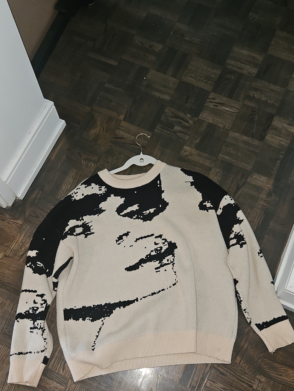 Men's Cream and Black Graphic Crewneck Sweater